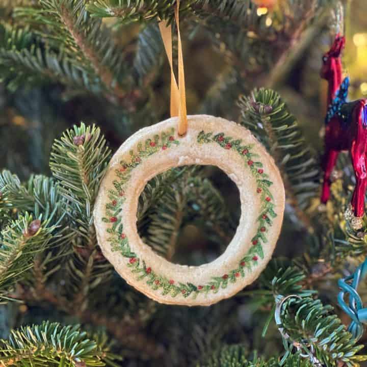 Wreath Salt Dough Ornament hung on a Christmas Tree