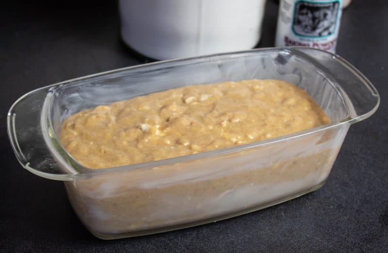 Batter in greased bread pan.